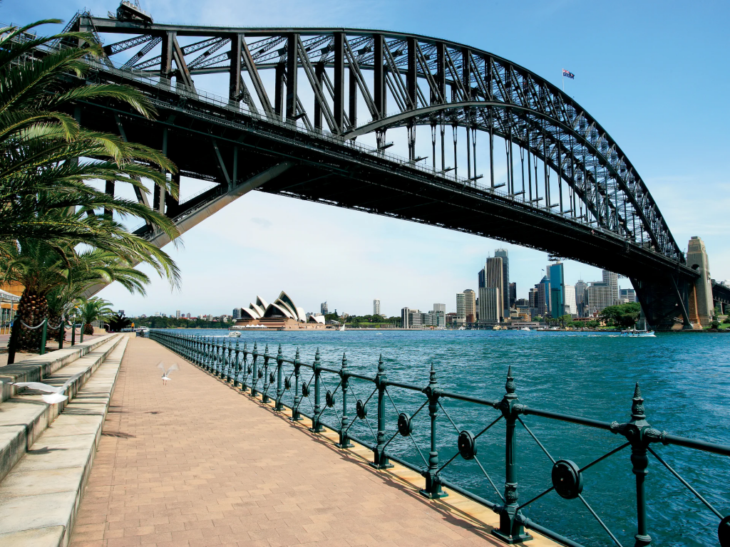 Orla de Sydney, na Austrália, com o mar e a Opera House ao fundo
