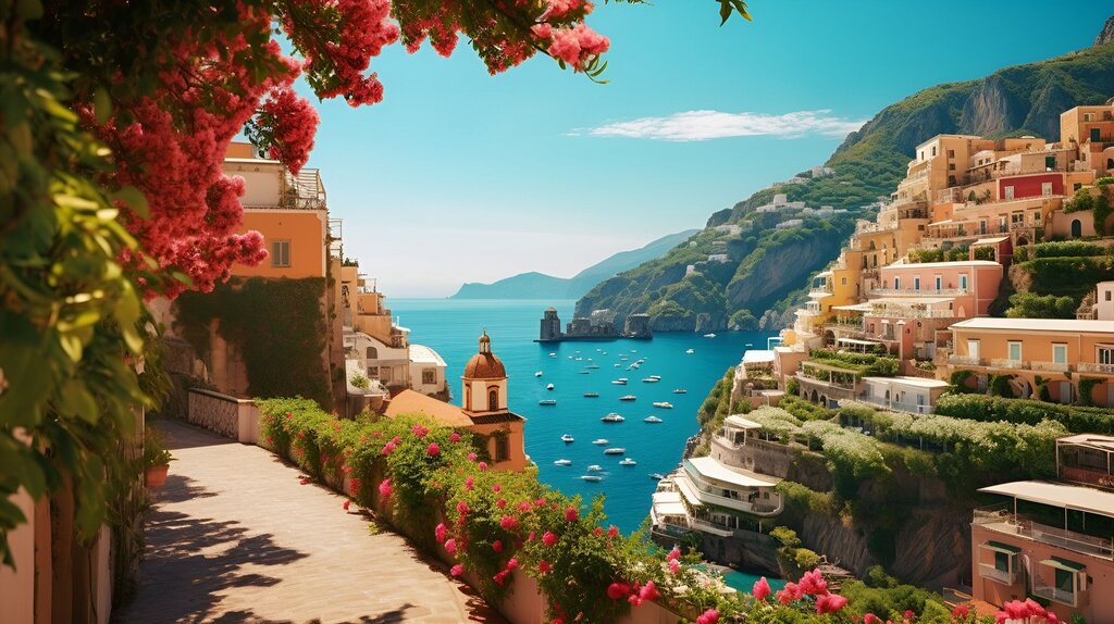 O que fazer na Itália? Bista de um pequeno vilarejo com o mar no horizonte