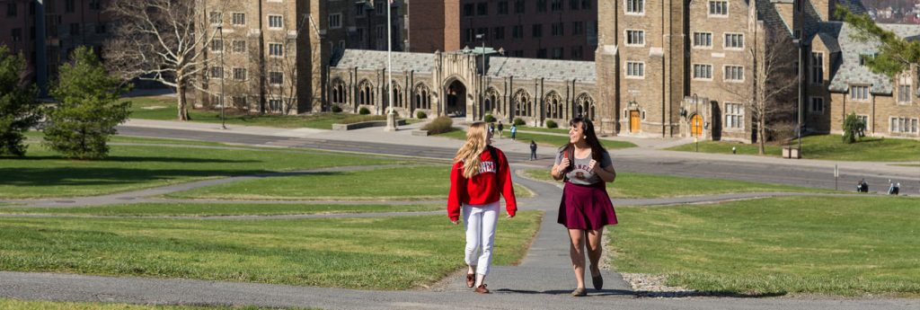 Estudantes da Universidade Cornell andando pelo campus