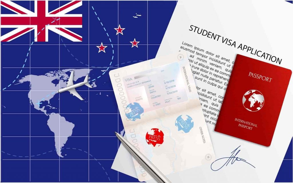 Passaporte e documentos sobre mapa da Nova Zelândia. Visto para a Nova Zelândia.