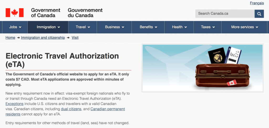 Página de aplicação do eTA para o Canadá | Renovação de visto canadense